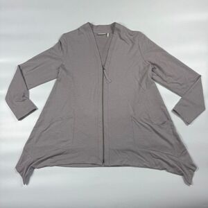 LOGO Lounge Cardigan Womens Medium Gray Stretch Seam Pockets V Neck Zip Front